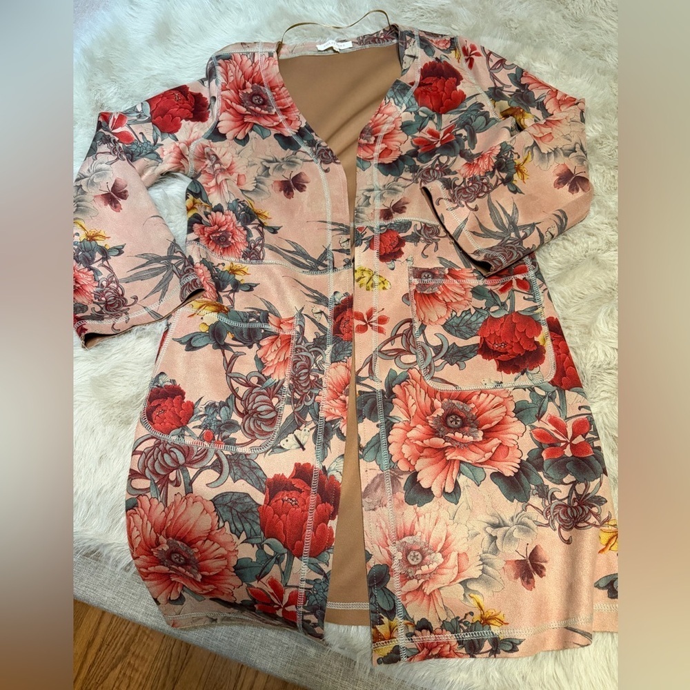 Solitaire for Anthropologie Floral Faux Suede Open Front Jacket - Picture 2 of 3